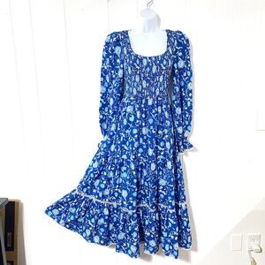 NEW Frida Kahlo x Shein BLUE WHITE Floral POLY Maxi S Cottagecore SHIRRED Ruffle